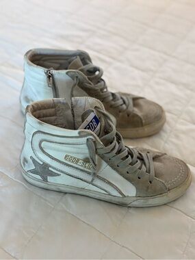 GOLDEN GOOSE SLIDE White & Light Gray High-Top Sneakers